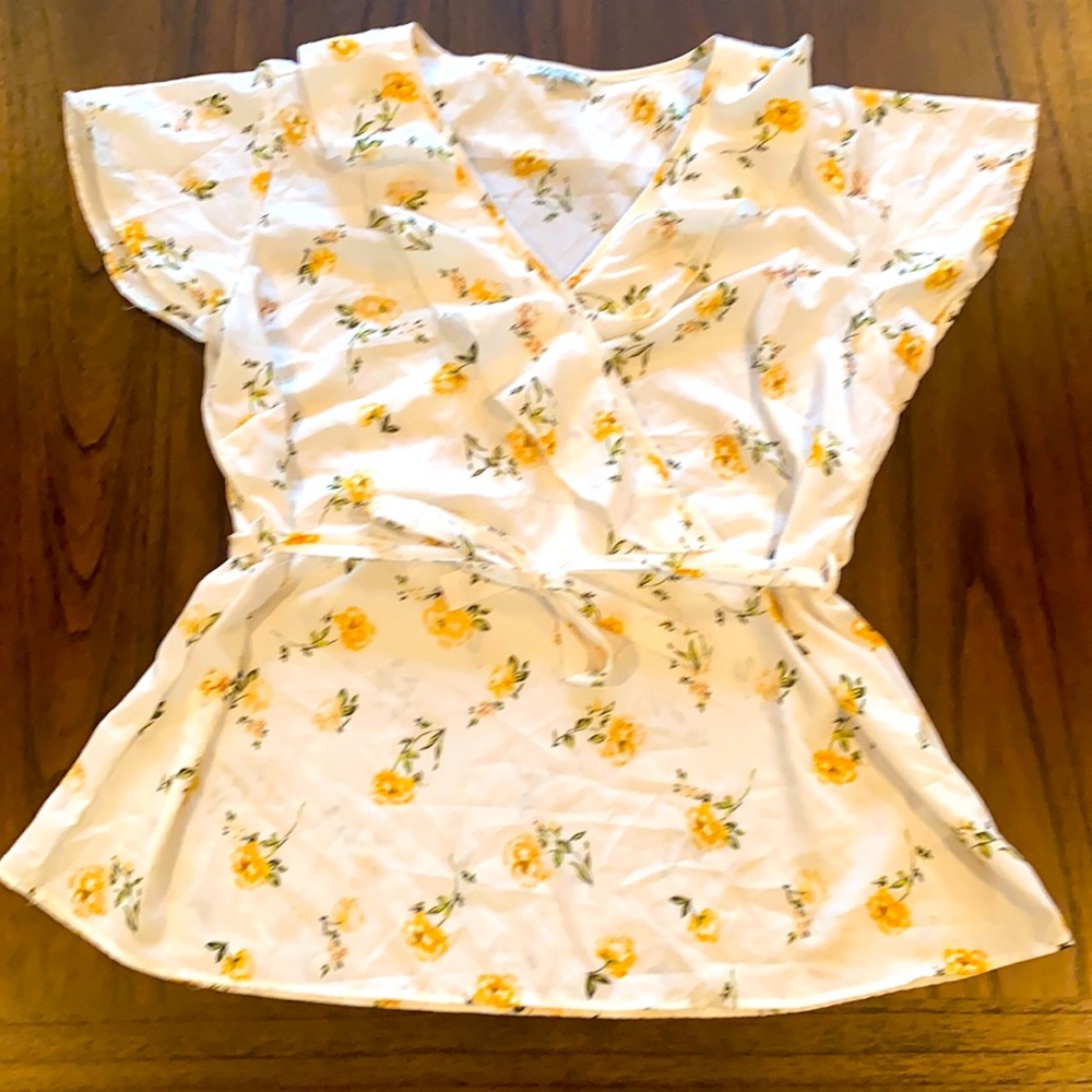 XXL, Mileage, White And Yellow, Ruffle, Wrap Shirt, With Tie Belt, NEVER WORN!!